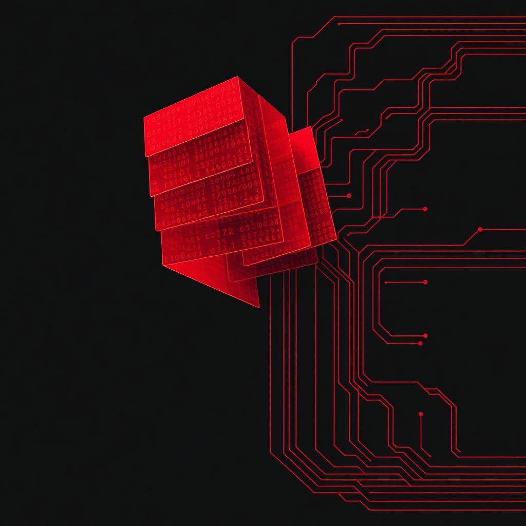 Stacked translucent red code panels over a black circuit field — Clausi.web process artwork